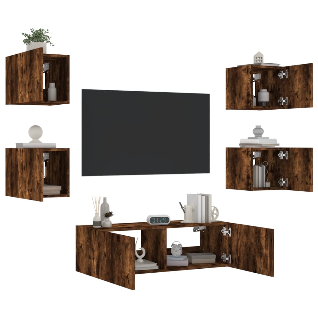 5 Piece TV Wall Cabinets with LED Lights Smoked Oak