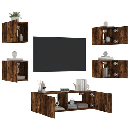 5 Piece TV Wall Cabinets with LED Lights Smoked Oak