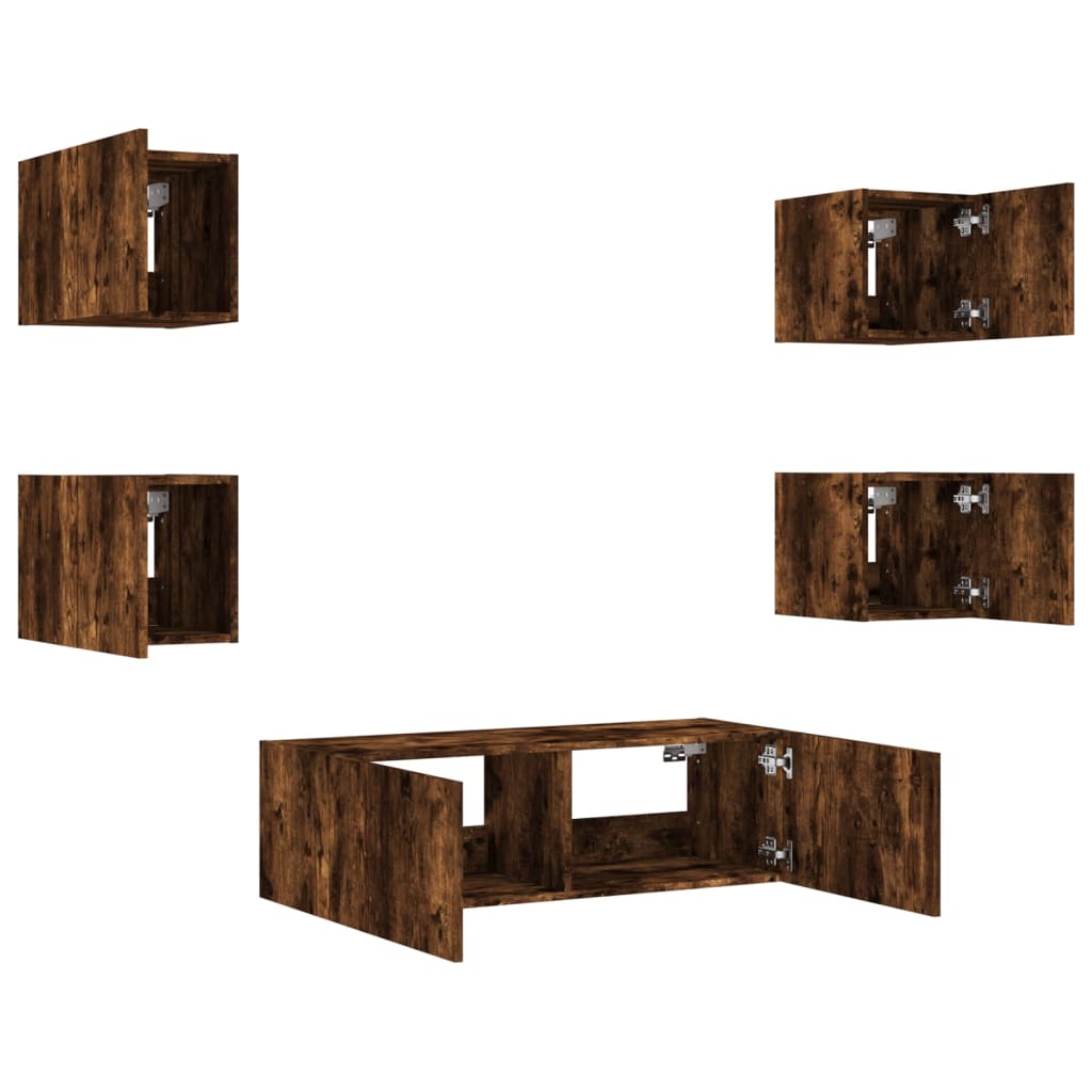 5 Piece TV Wall Cabinets with LED Lights Smoked Oak