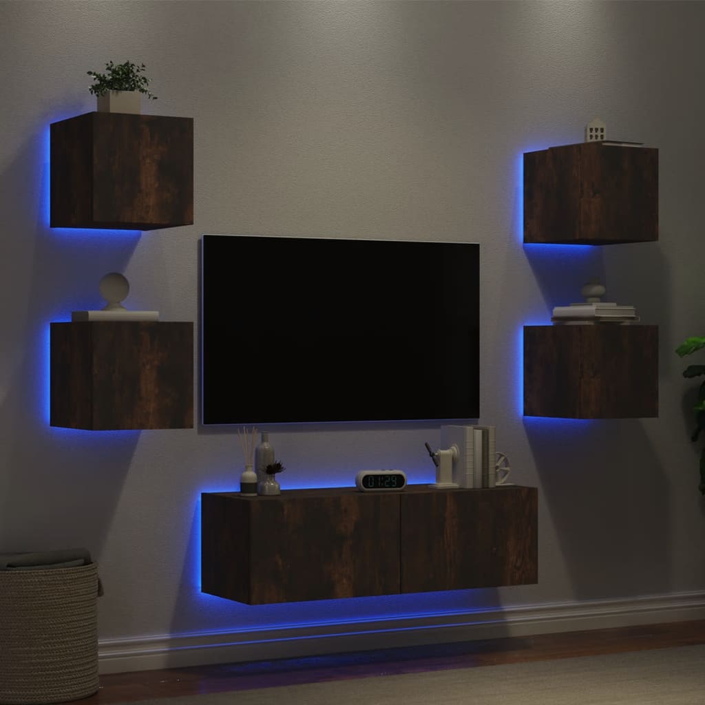 5 Piece TV Wall Cabinets with LED Lights Smoked Oak