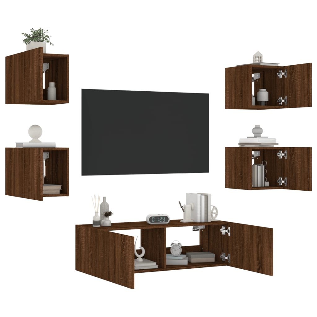 5 Piece TV Wall Cabinets with LED Lights Brown Oak