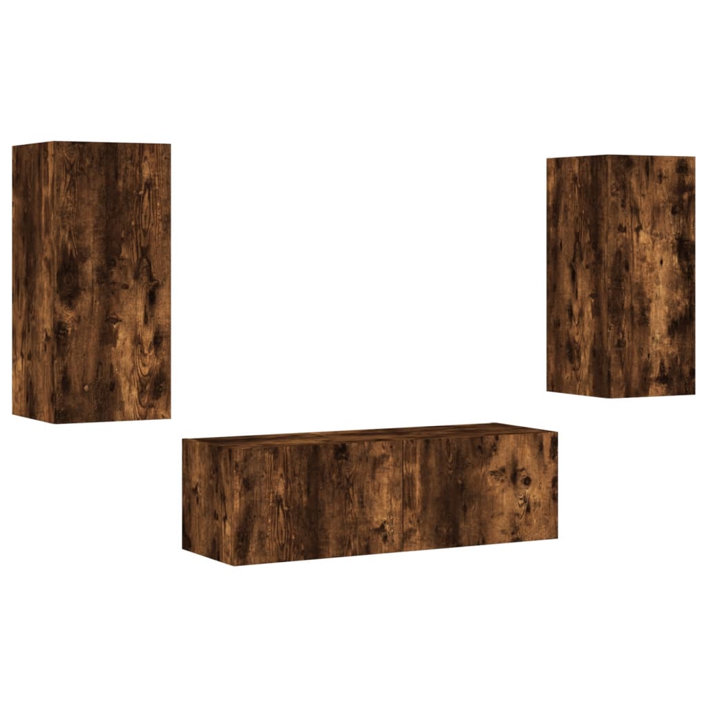 3 Piece TV Wall Cabinets with LED Lights Smoked Oak