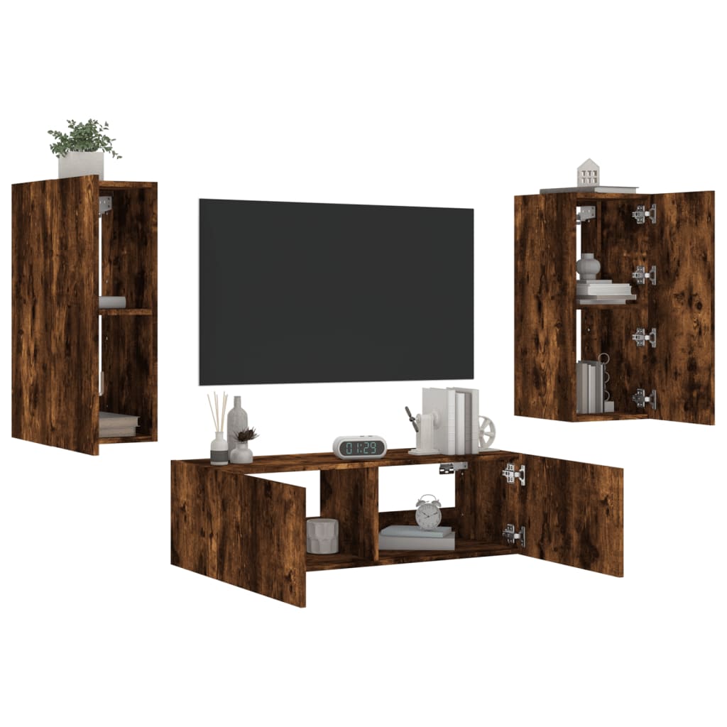 3 Piece TV Wall Cabinets with LED Lights Smoked Oak