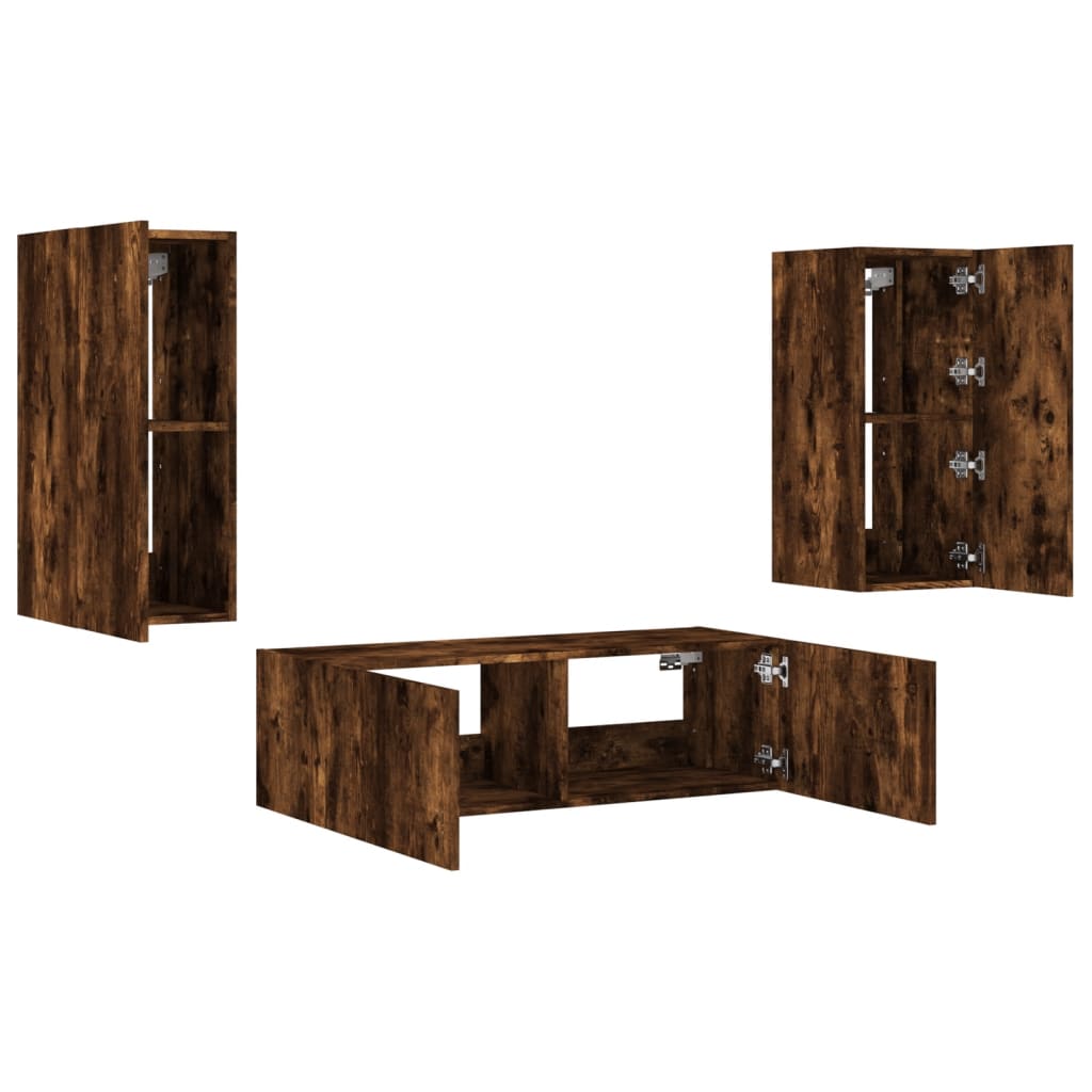 3 Piece TV Wall Cabinets with LED Lights Smoked Oak