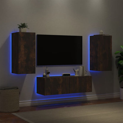 3 Piece TV Wall Cabinets with LED Lights Smoked Oak