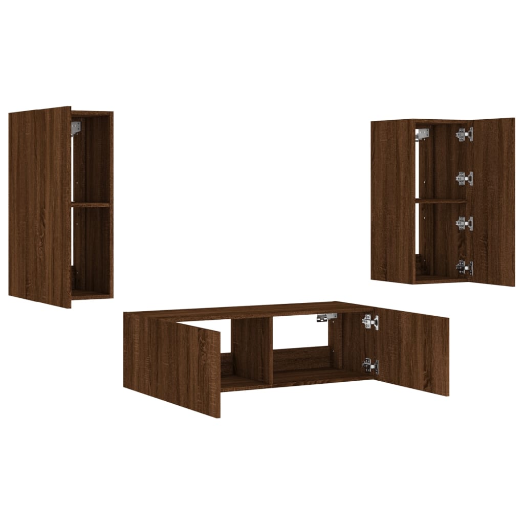 3 Piece TV Wall Cabinets with LED Lights Brown Oak