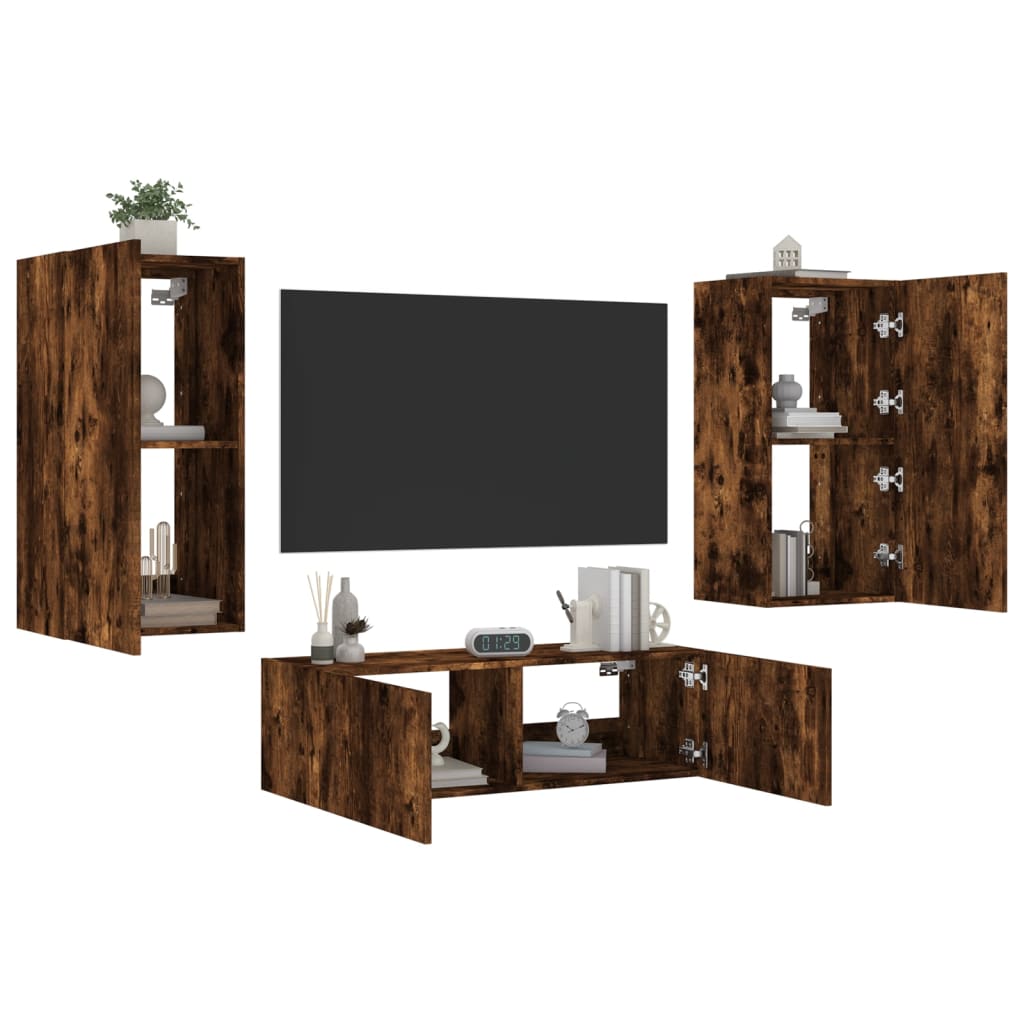 3 Piece TV Wall Cabinets with LED Lights Smoked Oak