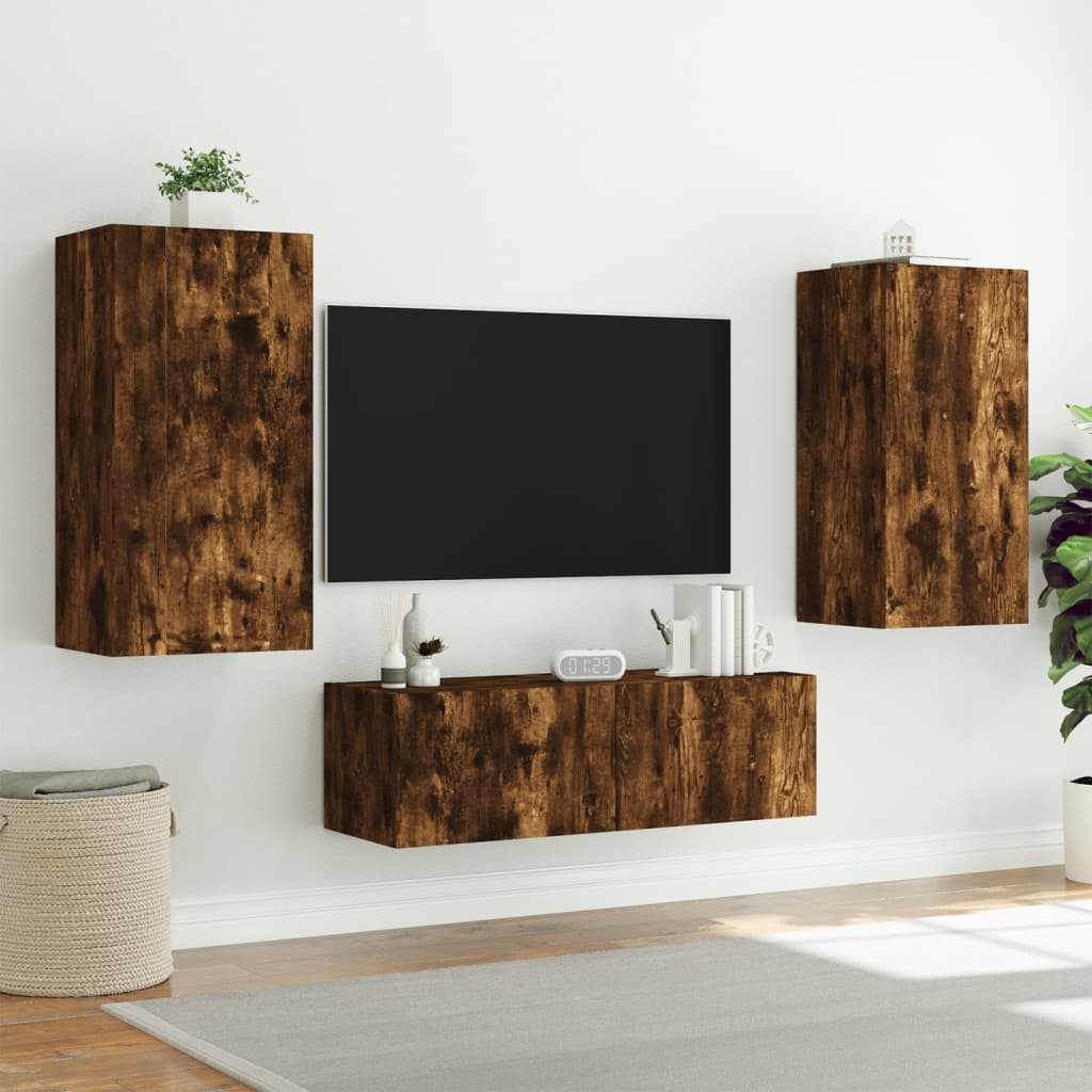 3 Piece TV Wall Cabinets with LED Lights Smoked Oak