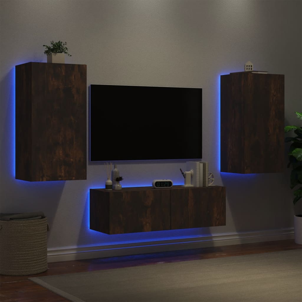 3 Piece TV Wall Cabinets with LED Lights Smoked Oak