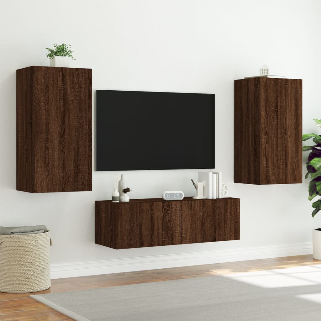 3 Piece TV Wall Cabinets with LED Lights Brown Oak