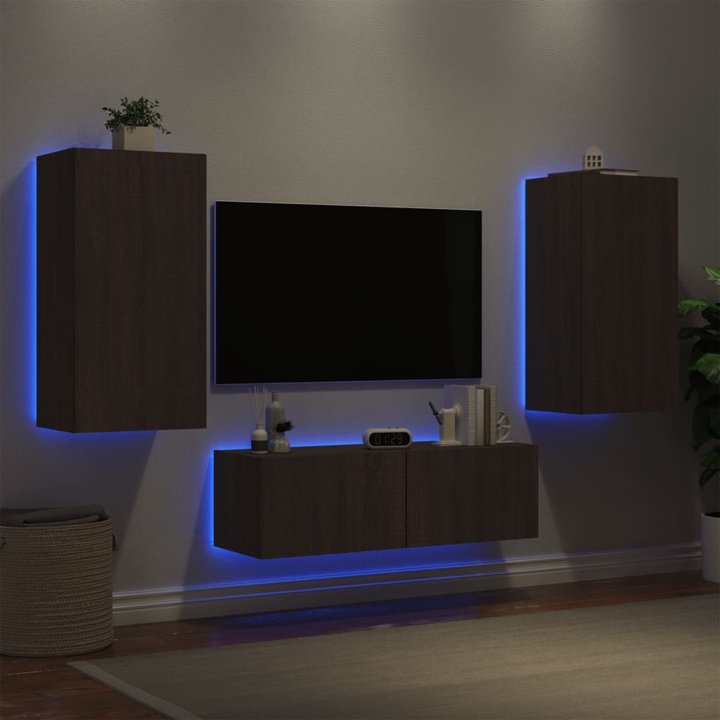 3 Piece TV Wall Cabinets with LED Lights Brown Oak