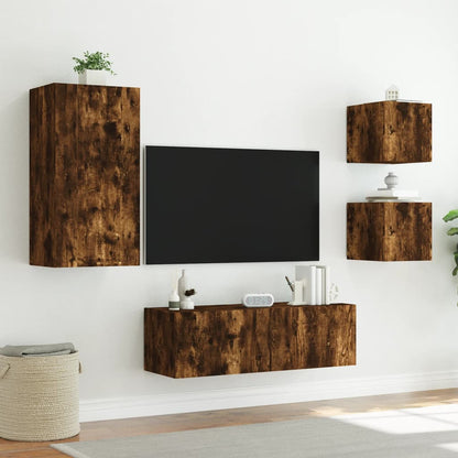 4 Piece TV Wall Cabinets with LED Lights Smoked Oak