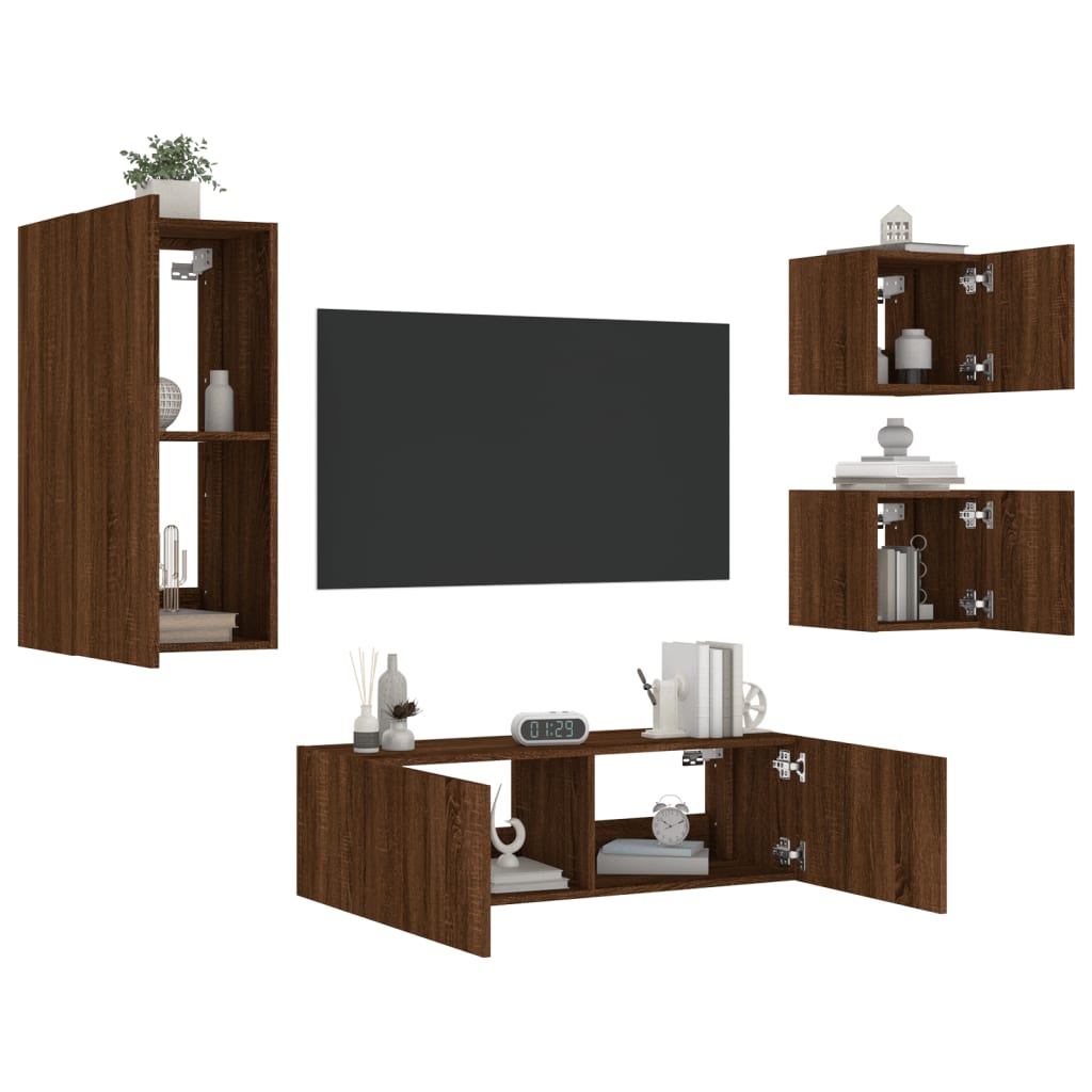 4 Piece TV Wall Cabinets with LED Lights Brown Oak