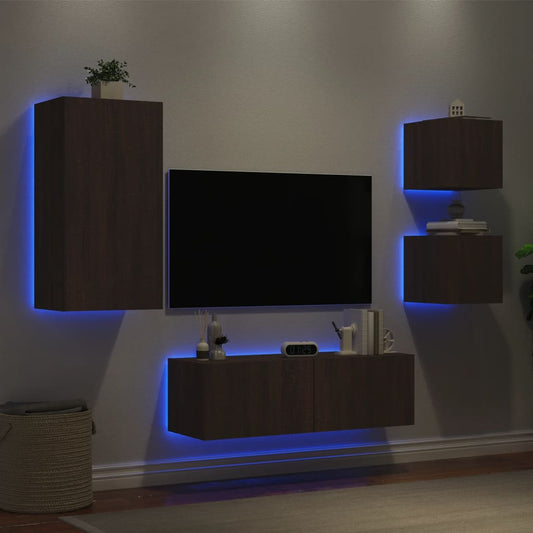 4 Piece TV Wall Cabinets with LED Lights Brown Oak