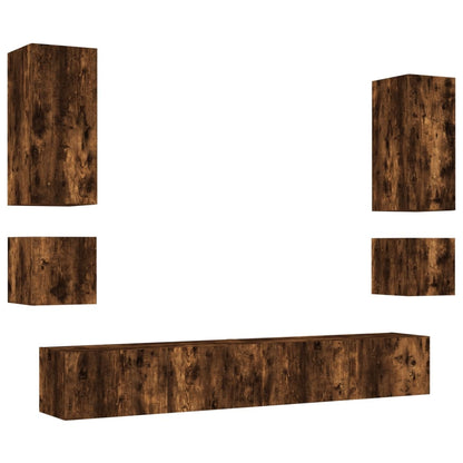 6 Piece TV Wall Cabinets with LED Lights Smoked Oak