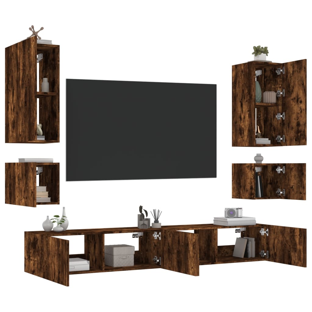 6 Piece TV Wall Cabinets with LED Lights Smoked Oak