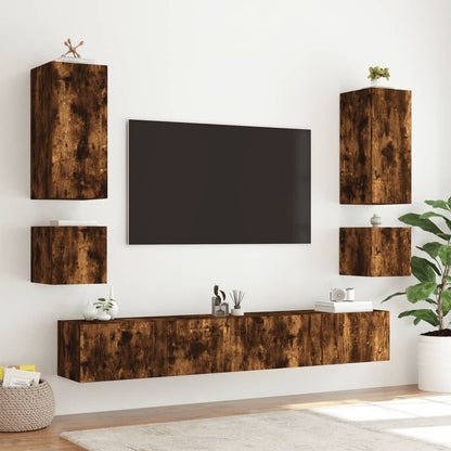 6 Piece TV Wall Cabinets with LED Lights Smoked Oak