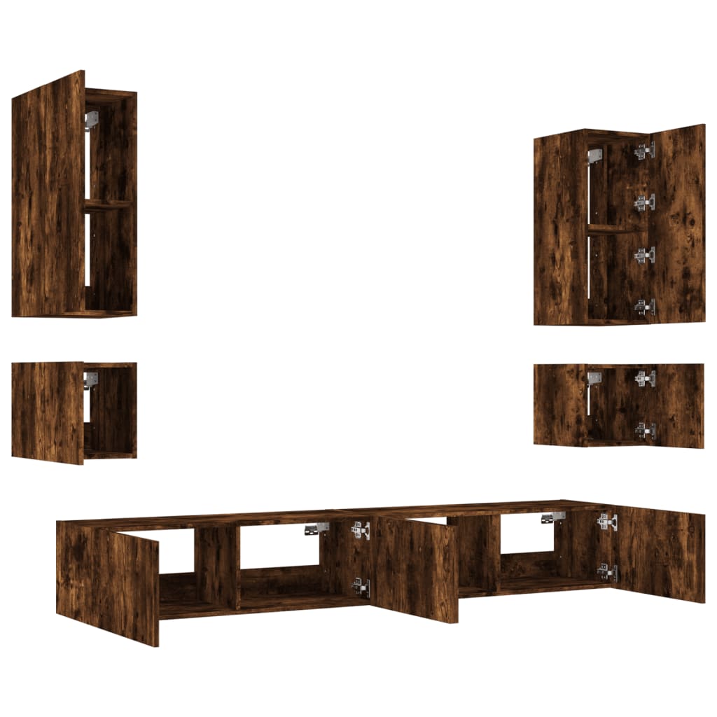 6 Piece TV Wall Cabinets with LED Lights Smoked Oak