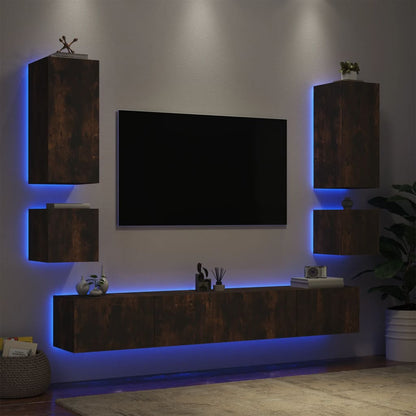 6 Piece TV Wall Cabinets with LED Lights Smoked Oak