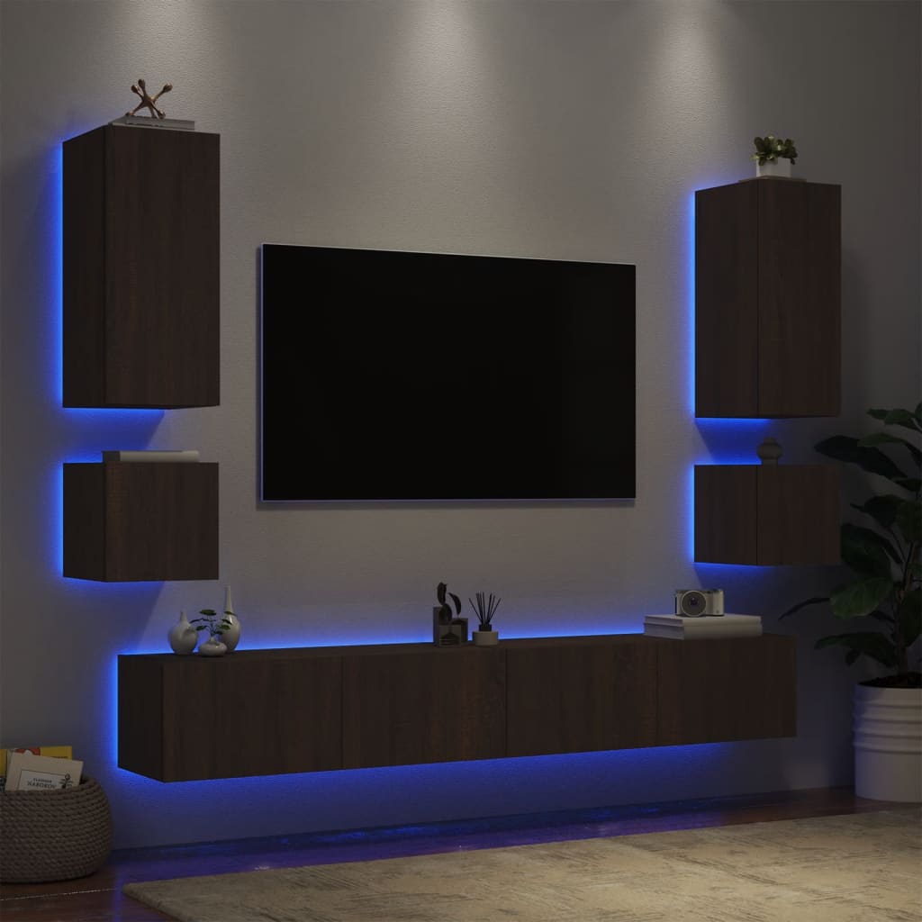 6 Piece TV Wall Cabinets with LED Lights Brown Oak