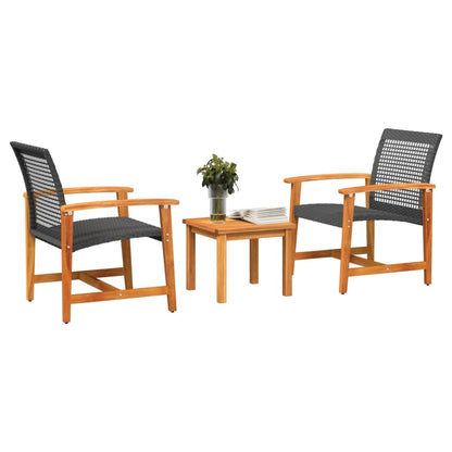 3 Piece Bistro Set Black Poly Rattan and Acacia Wood