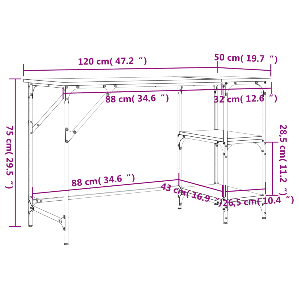 Desk Smoked Oak 120x50x75 cm Metal and Engineered Wood