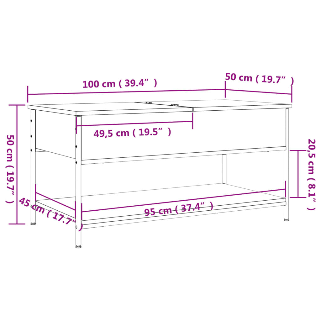 Coffee Table Smoked Oak 100x50x50 cm Engineered Wood and Metal