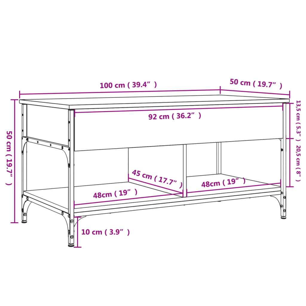 Coffee Table Smoked Oak 100x50x50 cm Engineered Wood and Metal