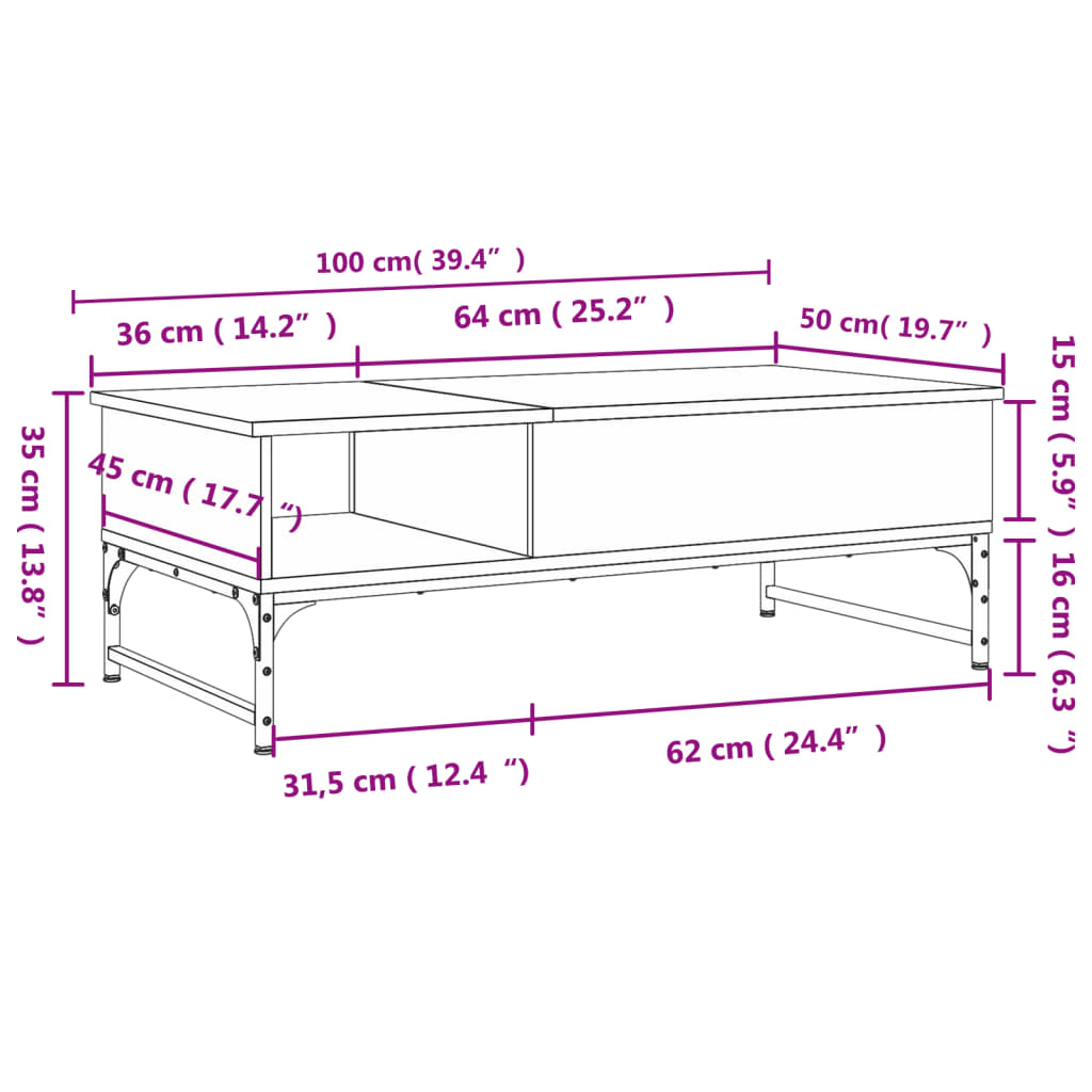 Coffee Table Sonoma Oak 100x50x35 cm Engineered Wood and Metal