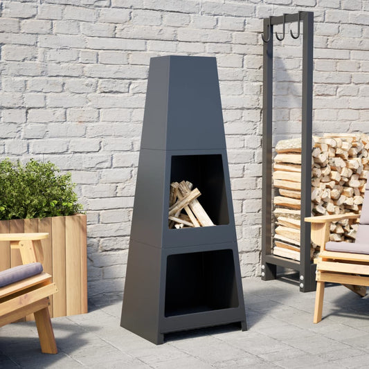 Outdoor Fireplace with Log Store Tower Design Black Steel