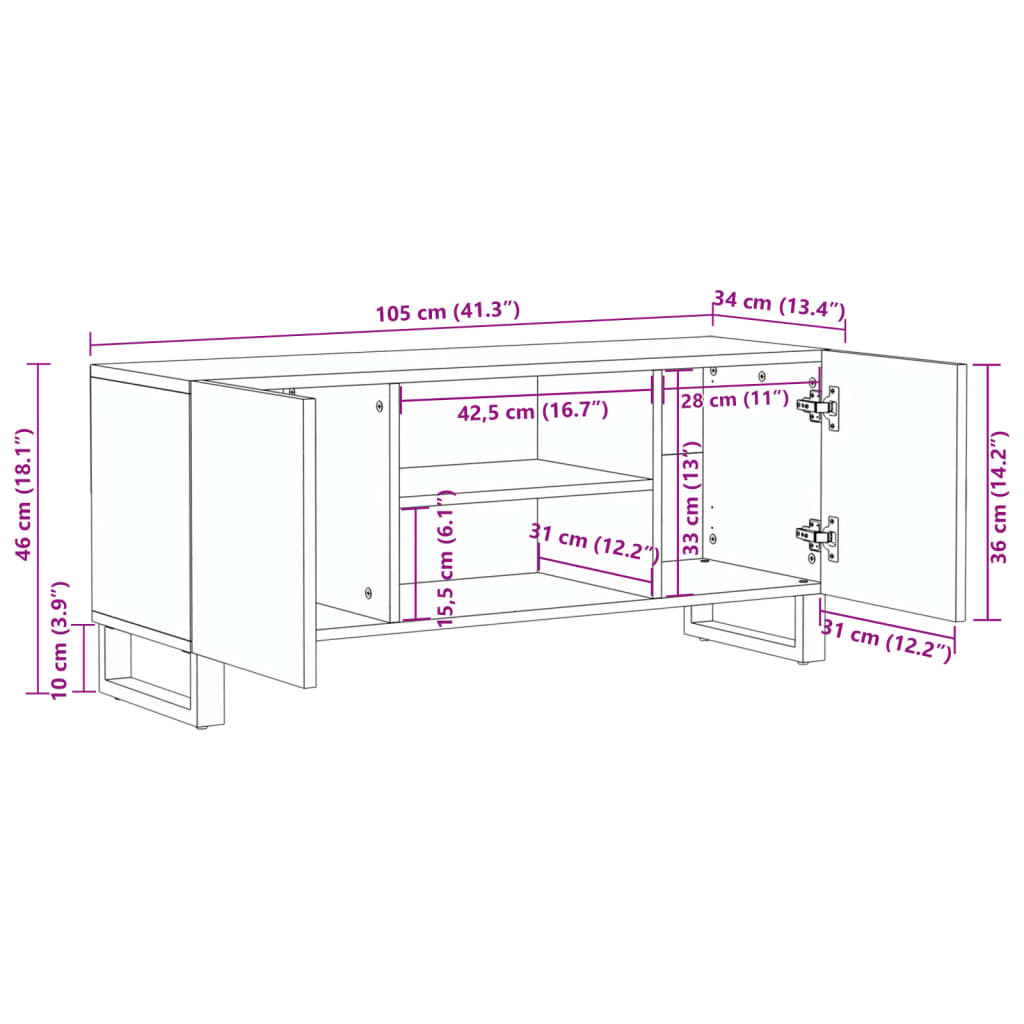 TV Cabinet White 105x34x46 cm Solid Wood Mango