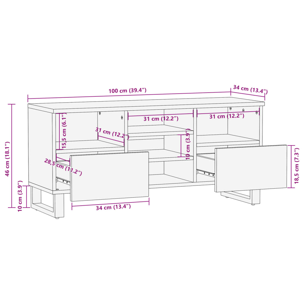 TV Cabinet Brown 100x34x46 cm Solid Wood Mango