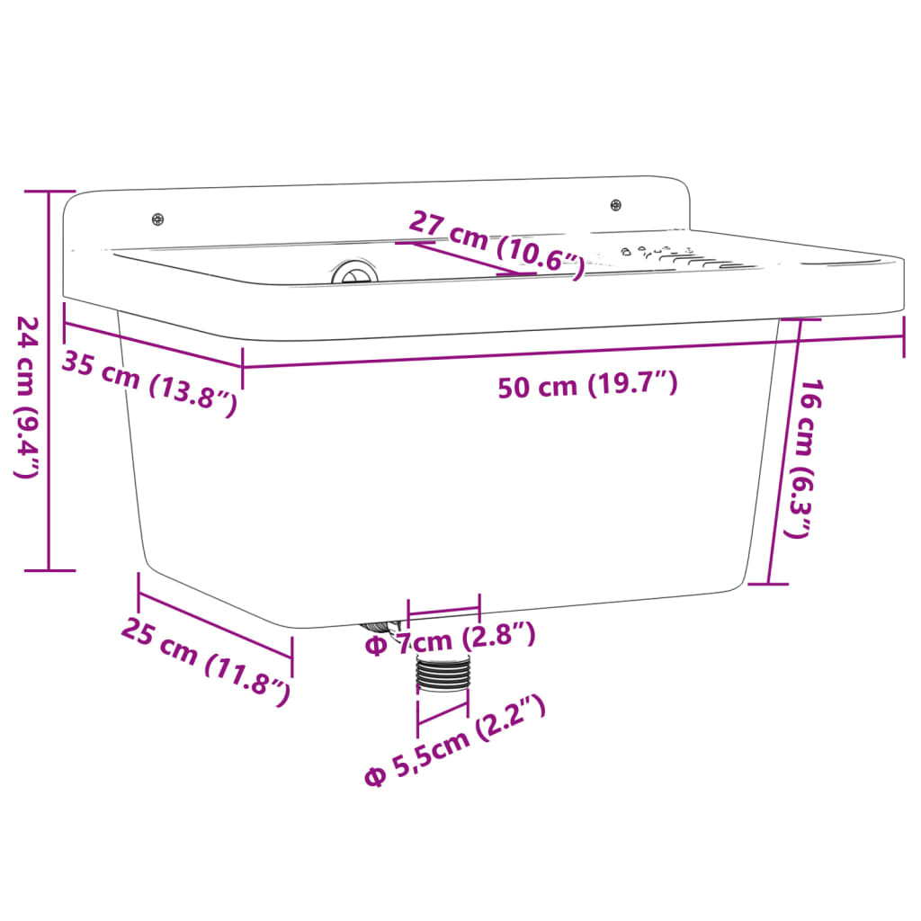 Sink Washbasin for Wall Mounting Grey 50x35x24 cm Resin