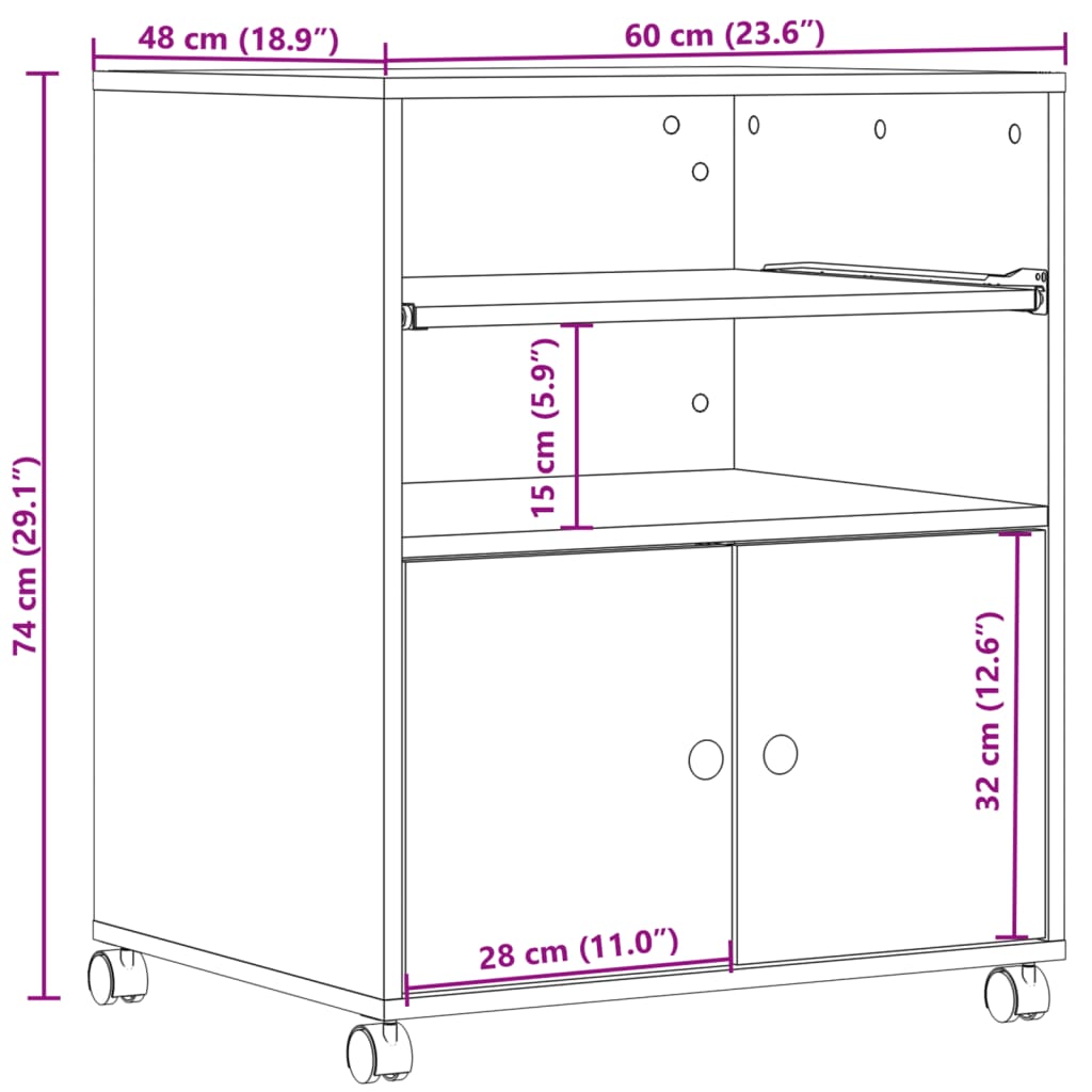 Printer Stand with Wheels Smoked Oak 60x48x74 cm