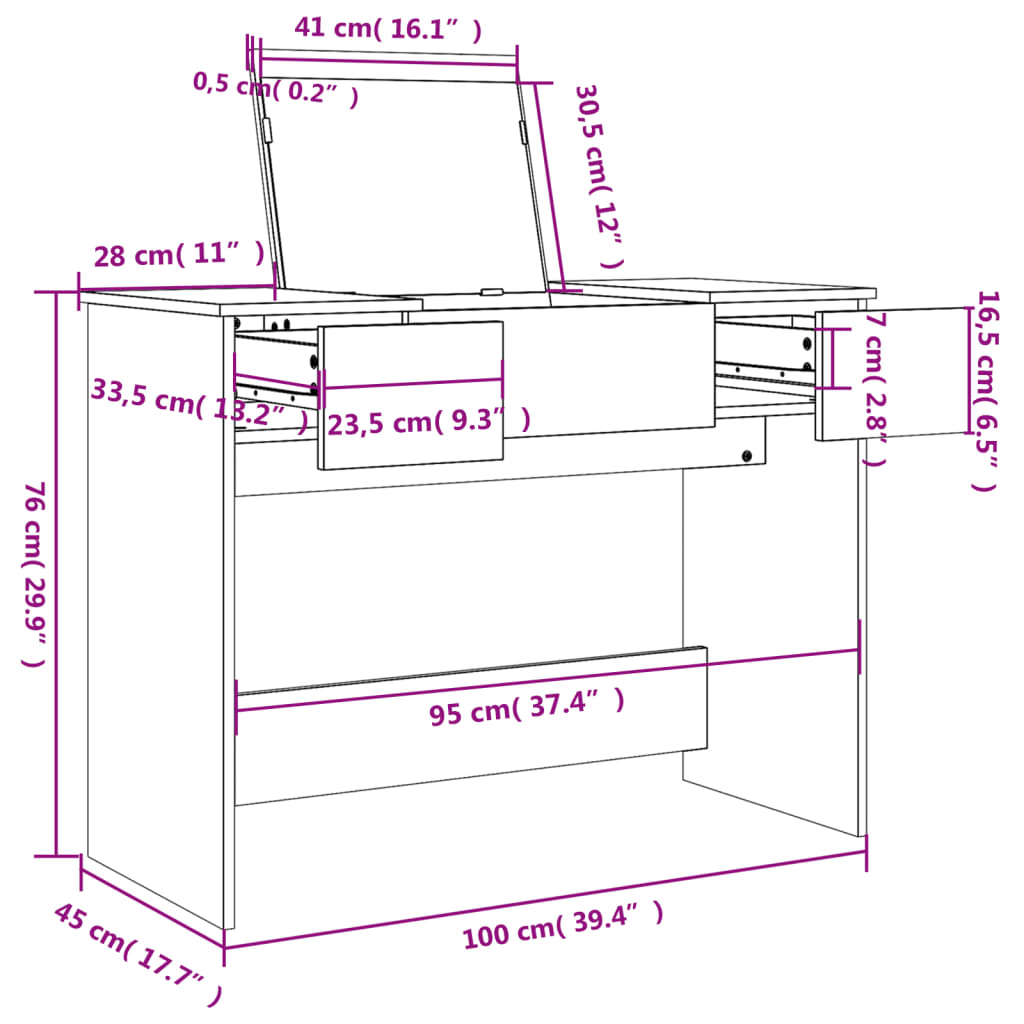 Dressing Table with Mirror Smoked Oak 100x45x76 cm