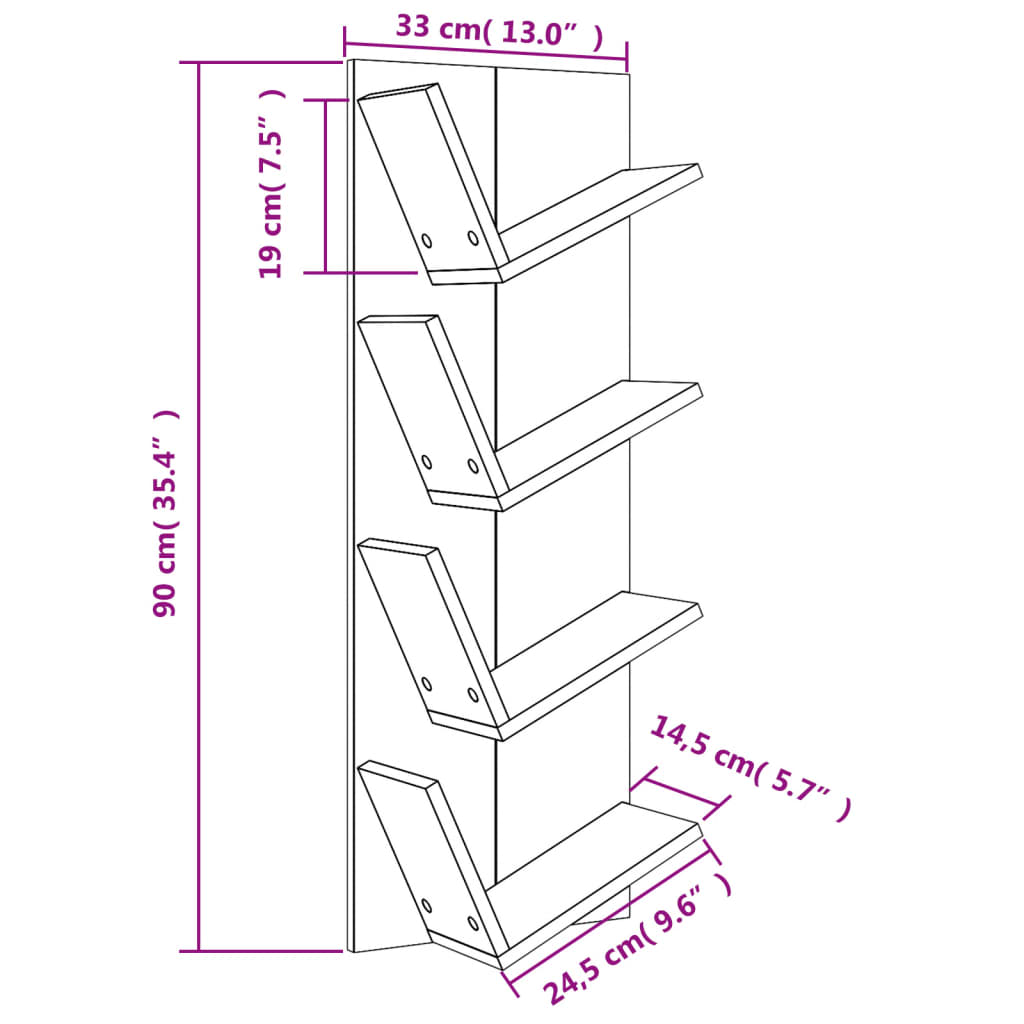 Wall Bookshelf 4-Tier Smoked Oak 33x16x90 cm