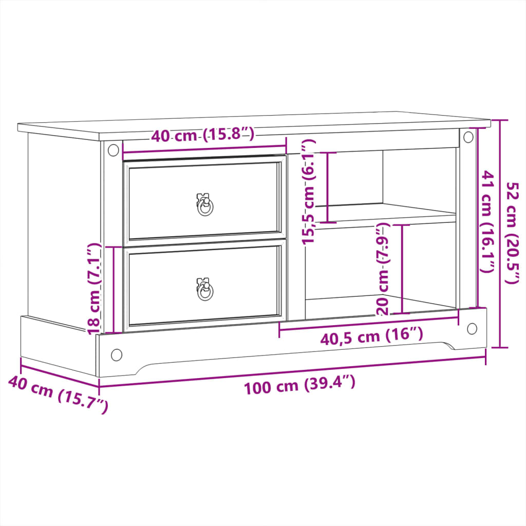 TV Cabinet Corona 100x40x52 cm Solid Wood Pine