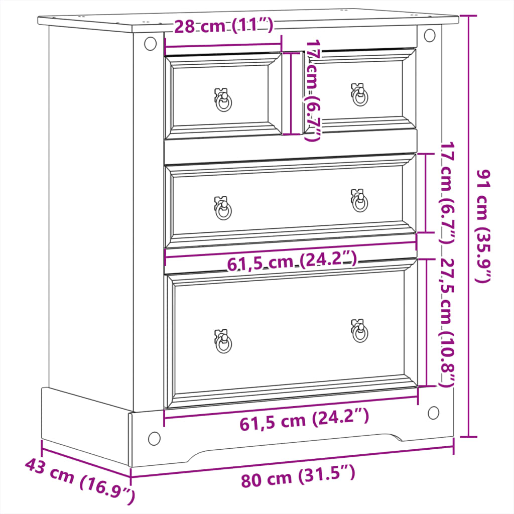 Chest of Drawers Corona 80x43x91 cm Solid Wood Pine