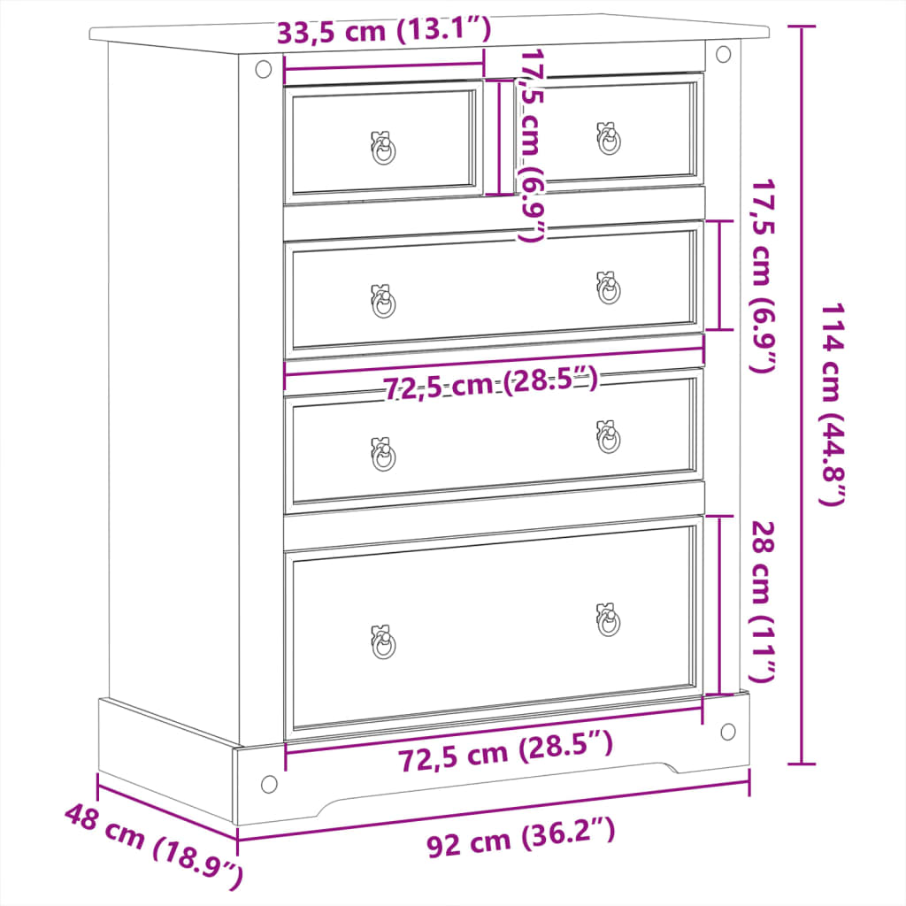 Chest of Drawers Corona 92x48x114 cm Solid Wood Pine