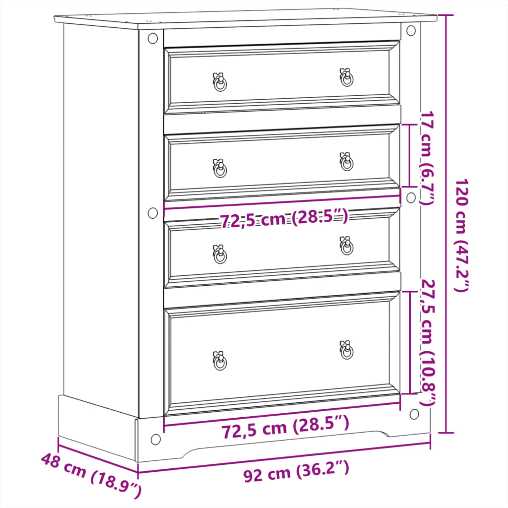 Chest of Drawers Corona 92x48x120 cm Solid Wood Pine