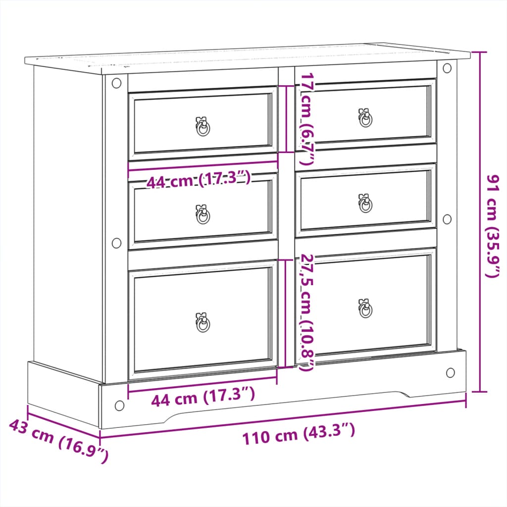 Chest of Drawers Corona 110x43x91 cm Solid Wood Pine