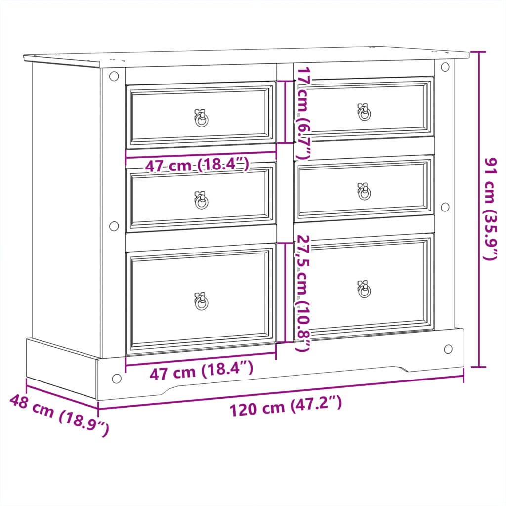 Chest of Drawers Corona 120x48x91 cm Solid Wood Pine