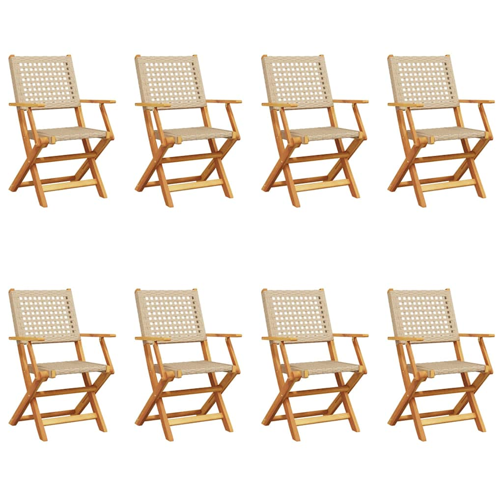 Folding Garden Chairs 8 pcs Beige Poly Rattan and Solid Wood