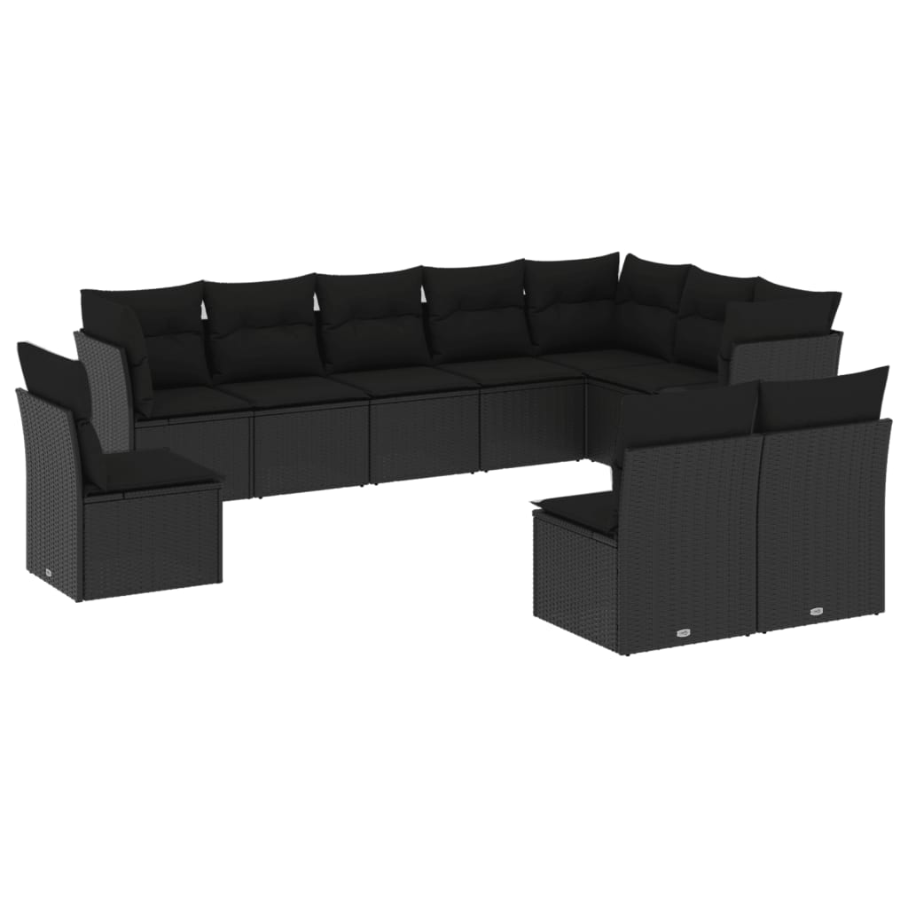 10 Piece Garden Sofa Set with Cushions Black Poly Rattan