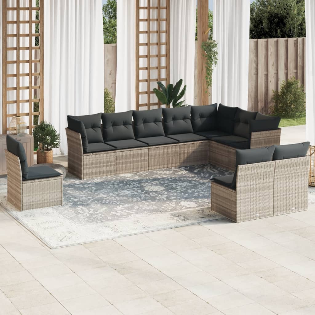 10 Piece Garden Sofa Set with Cushions Light Grey Poly Rattan