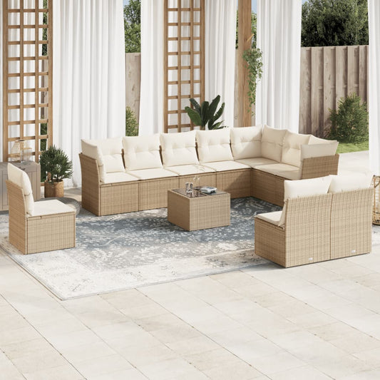 11 Piece Garden Sofa Set with Cushions Beige Poly Rattan