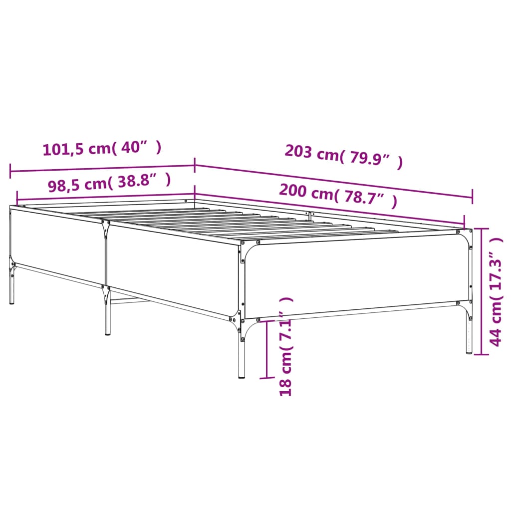 Bed Frame Smoked Oak 100x200 cm Engineered Wood and Metal