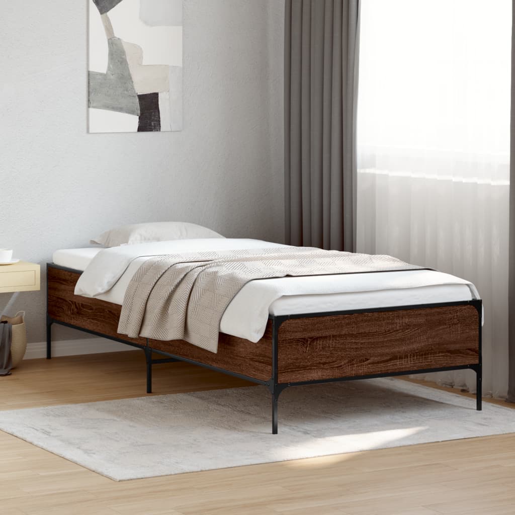 Bed Frame Brown Oak 100x200 cm Engineered Wood and Metal