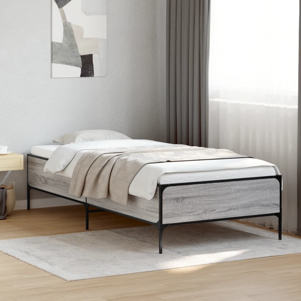 Bed Frame Grey Sonoma 75x190 cm Small Single Engineered Wood and Metal