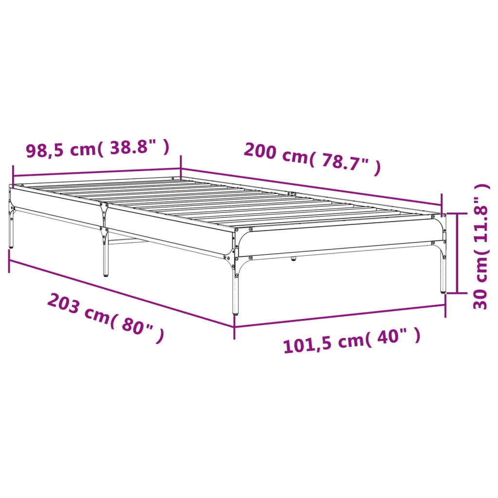 Bed Frame Smoked Oak 100x200 cm Engineered Wood and Metal